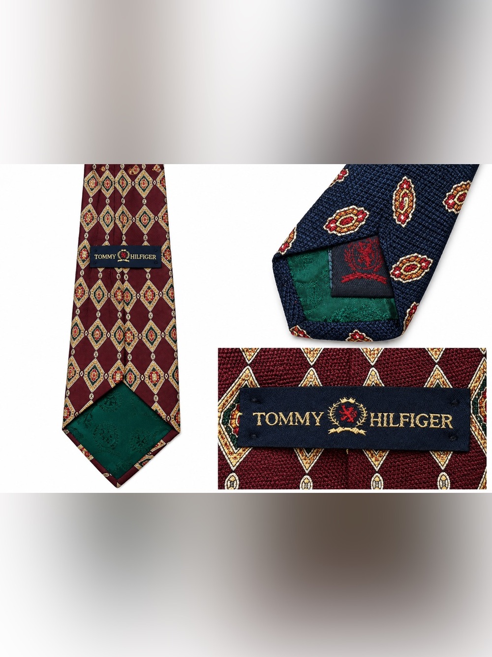 Tommy Hilfiger Maroon Geometric Silk Tie with Gold and Green Accents